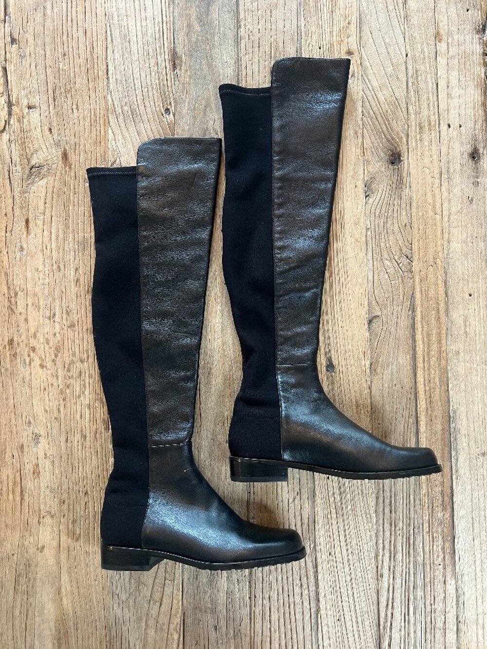 STUART WEITZMAN 5050 Black Leather Over the Knee Boots Stretch Back Flat 5